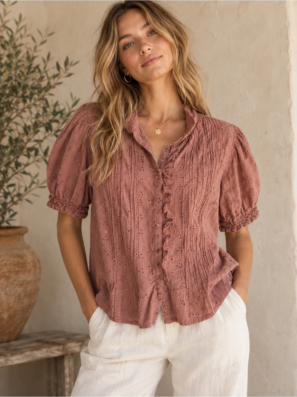 NATURAL LIFE My Favorite Cotton Top in Terracotta Rust Eyelet Blouse S